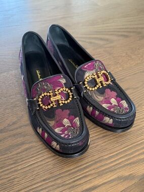 Salvatore Ferragamo Purple Floral & Black Leather Loafers with Gold Hardware